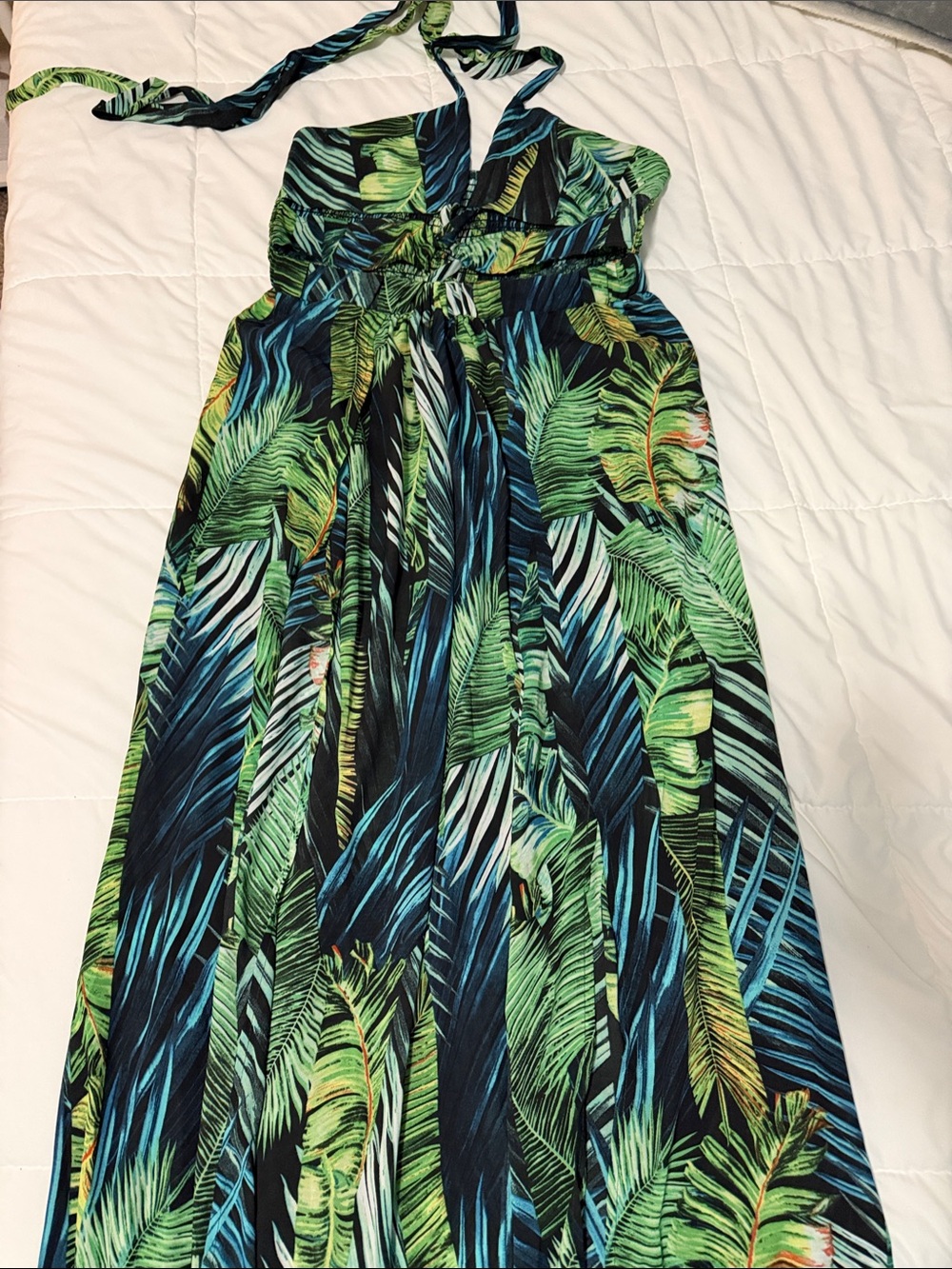 Tropical Leaf Halter One-Piece Dress - Green/Blue
